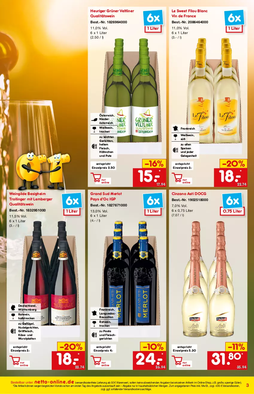 Aktueller Prospekt Netto Marken-Discount - Online-Angebote April - von 01.04 bis 30.04.2022 - strona 3 - produkty: angebot, asti, Berger, cin, cinzano, Cinzano Asti, eis, elle, fleisch, Geflügel, grand sud, grill, grüner veltliner, Heu, Käse, latte, LG, merl, merlot, ndk, nudel, Nudelgericht, pasta, pute, qualitätswein, reis, rotwein, Ti, trolli, trollinger, versandkostenfrei, vin de france, wein, Weißwein, wurst, ZTE