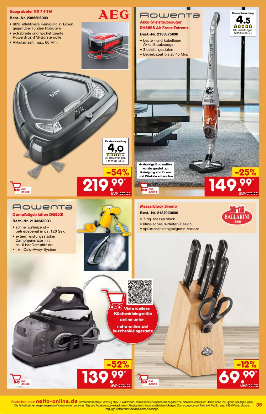 Aktueller Prospekt Netto Marken-Discount - Online-Angebote April - von 01.04 bis 30.04.2022 - strona 35 - produkty: Air Force, akku, Akku-Staubsauger, angebot, Brei, bügel, Bügelstation, bürste, bürsten, dampfbügelstation, Dampfgenerator, eis, ente, küche, Küchen, LG, messer, messerblock, ndk, Reinigung, reis, Saugroboter, sim, Spezi, spülmaschinen, staubsauger, Stielstaubsauger, Ti, versandkostenfrei, ZTE