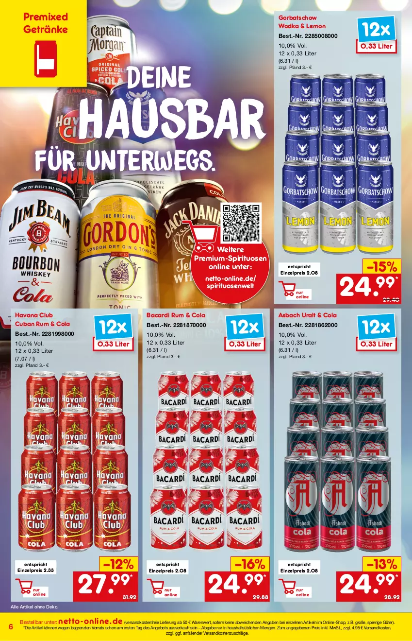 Aktueller Prospekt Netto Marken-Discount - Online-Angebote April - von 01.04 bis 30.04.2022 - strona 6 - produkty: angebot, asbach uralt, bacardi, bacardi rum, cola, eis, getränk, getränke, Gorbatschow, gorbatschow wodka, Havana Club, ndk, reis, rum, rwe, spirituosen, Ti, usb, versandkostenfrei, wodka, ZTE