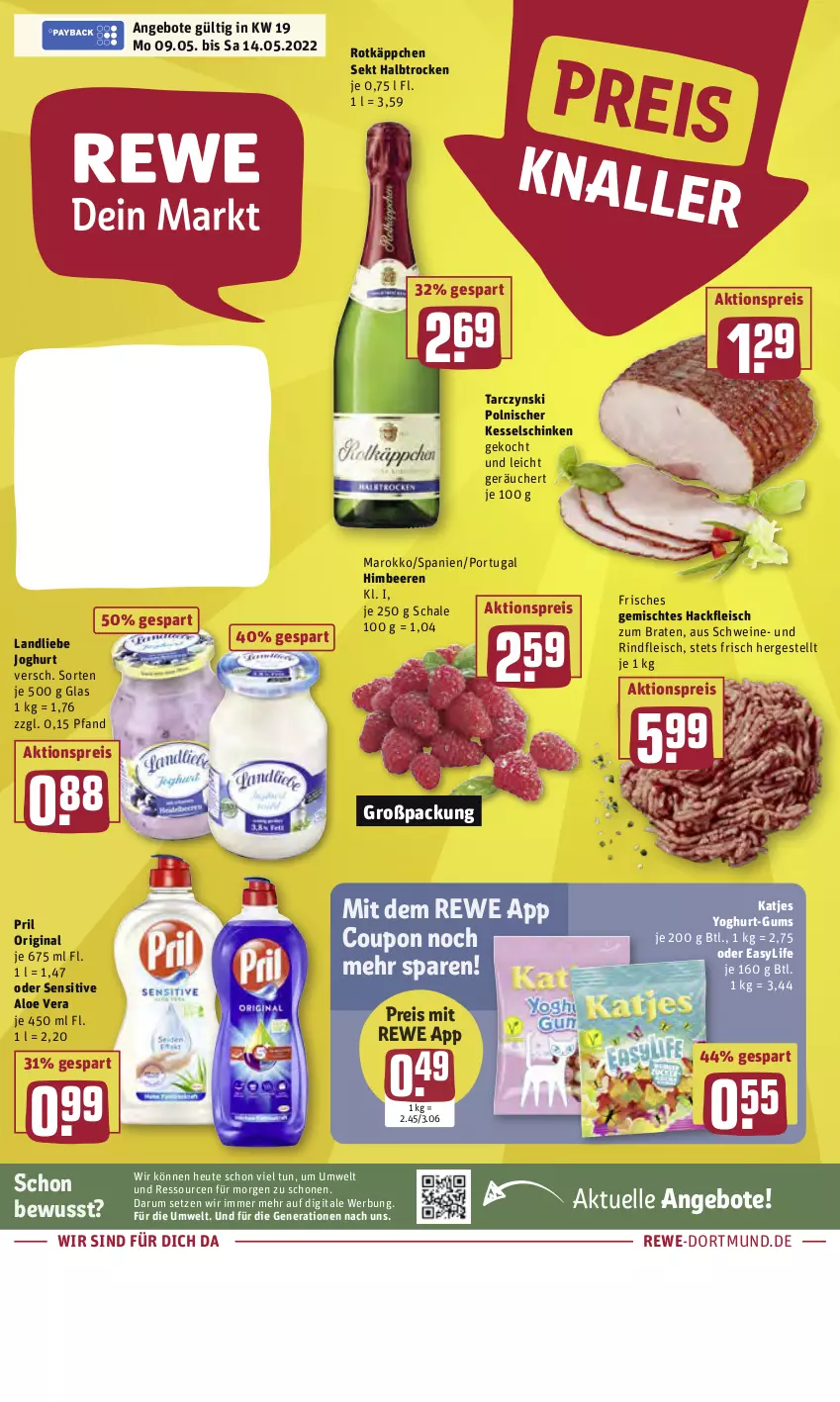 Aktueller Prospekt Rewe - Diese Woche im Angebot! - von 09.05 bis 14.05.2022 - strona 1 - produkty: aktionspreis, aloe vera, angebot, angebote, beere, beeren, braten, coupon, eis, elle, fleisch, gin, hackfleisch, Heu, himbeer, himbeere, himbeeren, joghur, joghurt, katjes, landliebe, landliebe joghurt, pril, reis, rind, rindfleisch, rotkäppchen, rum, Schal, Schale, schinken, schwein, schweine, sekt, Ti, wein, weine, Yo, yoghurt