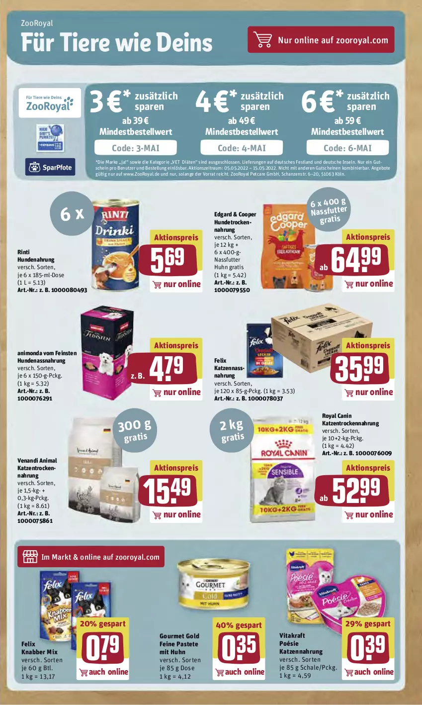 Aktueller Prospekt Rewe - Diese Woche im Angebot! - von 09.05 bis 14.05.2022 - strona 19 - produkty: aktionspreis, angebot, angebote, eis, felix, gourmet gold, gutschein, gutscheine, hundenahrung, Hundetrockennahrung, katzennahrung, kraft, nassfutter, Nassnahrung, pastete, reis, rinti, Schal, Schale, Ti, Tiere, Trockennahrung, vita, vitakraft