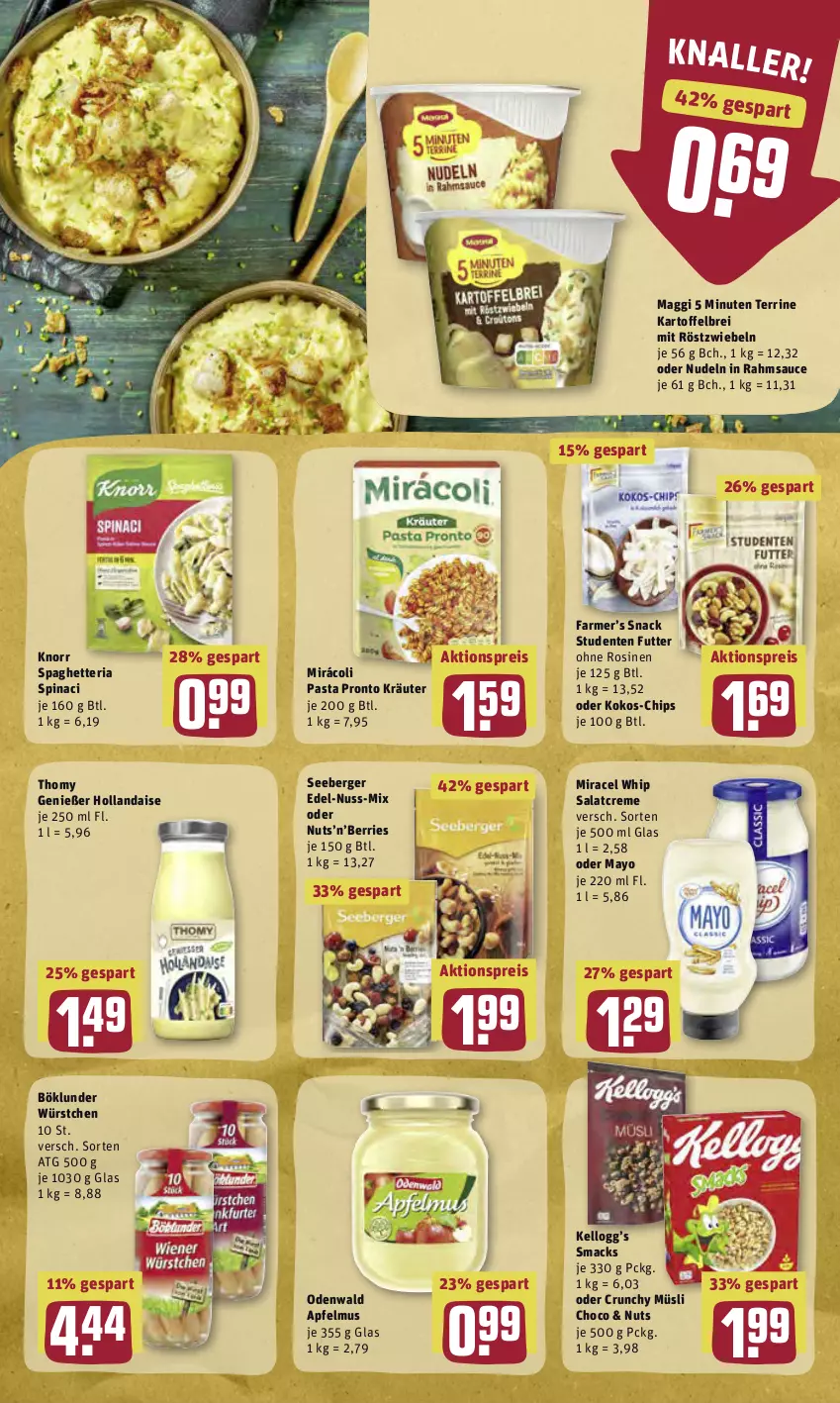 Aktueller Prospekt Rewe - Diese Woche im Angebot! - von 09.05 bis 14.05.2022 - strona 22 - produkty: aktionspreis, apfel, apfelmus, Berger, böklunder, Brei, chips, creme, eis, ente, hollandaise, kartoffel, kartoffelbrei, knorr, kokos, kräuter, mac, maggi, miracel, miracel whip, Mirácoli, mit röstzwiebeln, müsli, nudel, nudeln, nuss, odenwald, pasta, Pronto, reis, Ria, röstzwiebeln, salat, salatcreme, sauce, seeberger, Smacks, snack, terrine, thomy, Ti, würstchen, Yo, zwiebel, zwiebeln