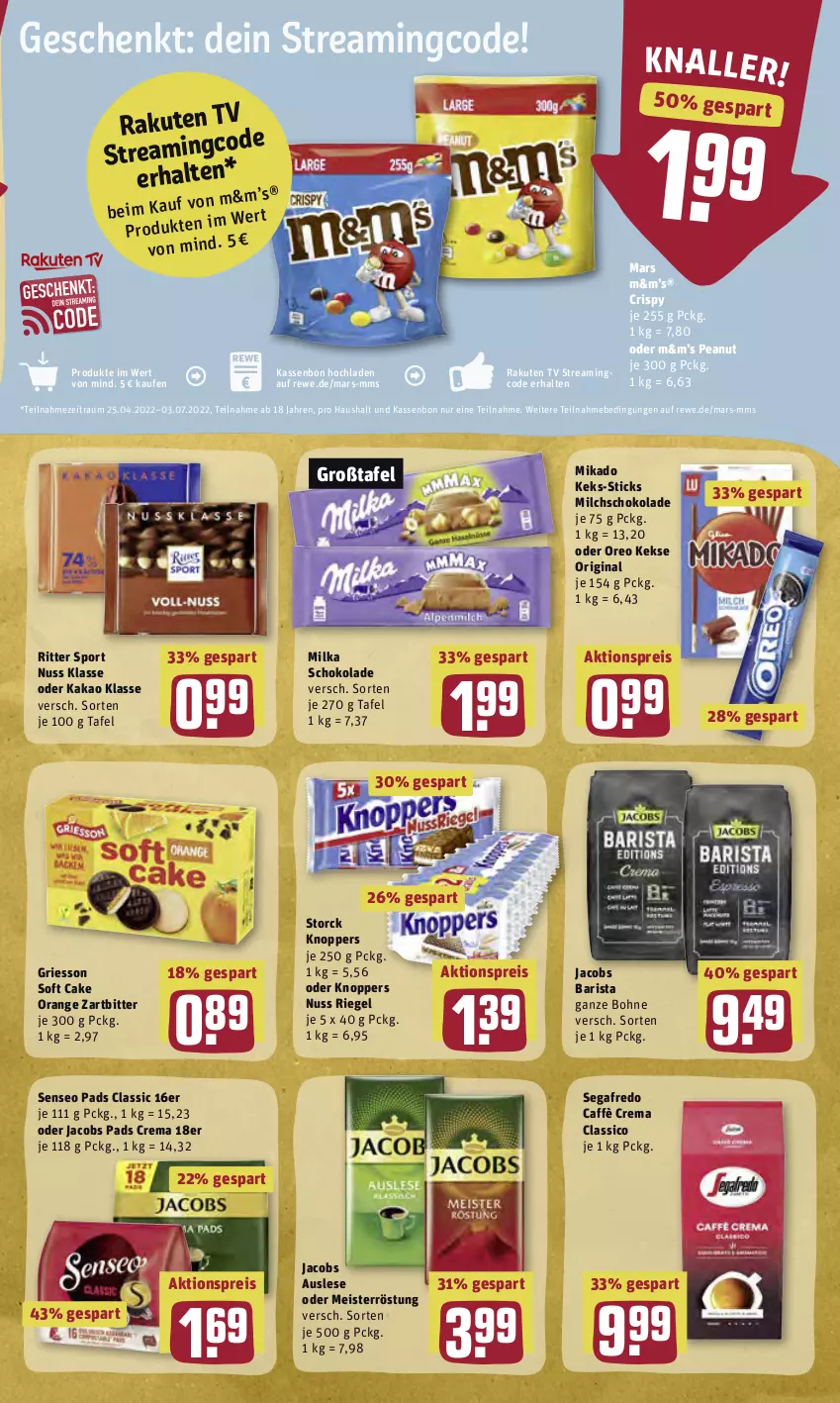 Aktueller Prospekt Rewe - Diese Woche im Angebot! - von 09.05 bis 14.05.2022 - strona 23 - produkty: aktionspreis, bohne, caffè crema, classico, eis, gin, griesson, jacobs, kakao, keks, kekse, knoppers, mars, Meister, meisterröstung, mikado, milch, milka, milka schokolade, nuss, oder jacobs, orange, oreo, reis, riegel, ritter, ritter sport, schoko, schokolade, Segafredo, senseo, senseo pads, Sport, storck, Ti