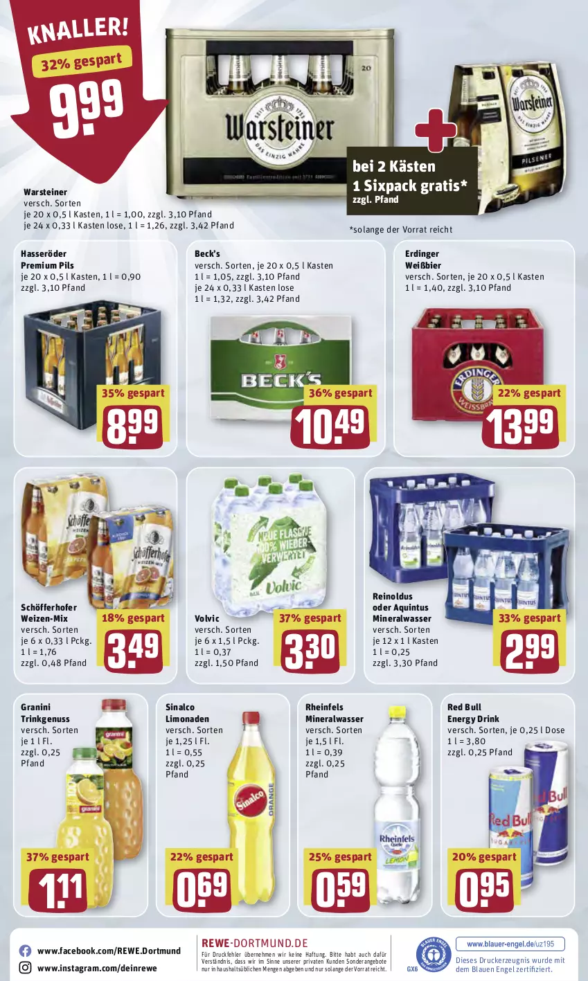 Aktueller Prospekt Rewe - Diese Woche im Angebot! - von 09.05 bis 14.05.2022 - strona 24 - produkty: Alwa, angebot, angebote, bier, drink, drucker, energy drink, Engel, erdinger, granini, hasseröder, kerze, limo, limonade, limonaden, mineralwasser, nuss, pils, premium pils, red bull, schöfferhofer, sinalco, steiner, Ti, volvic, warsteiner, wasser