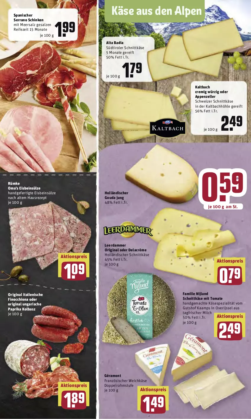 Aktueller Prospekt Rewe - Diese Woche im Angebot! - von 09.05 bis 14.05.2022 - strona 7 - produkty: aktionspreis, appenzeller, Bad, doppelrahmstufe, eis, elle, französischer weichkäse, géramont, gin, gouda, gouda jung, holländischer schnittkäse, Käse, leerdammer, mac, meersalz, milch, paprika, reis, rezept, salz, schinken, schnittkäse, schweizer schnittkäse, serrano, serrano schinken, Spezi, südtiroler, Ti, tomate, weichkäse