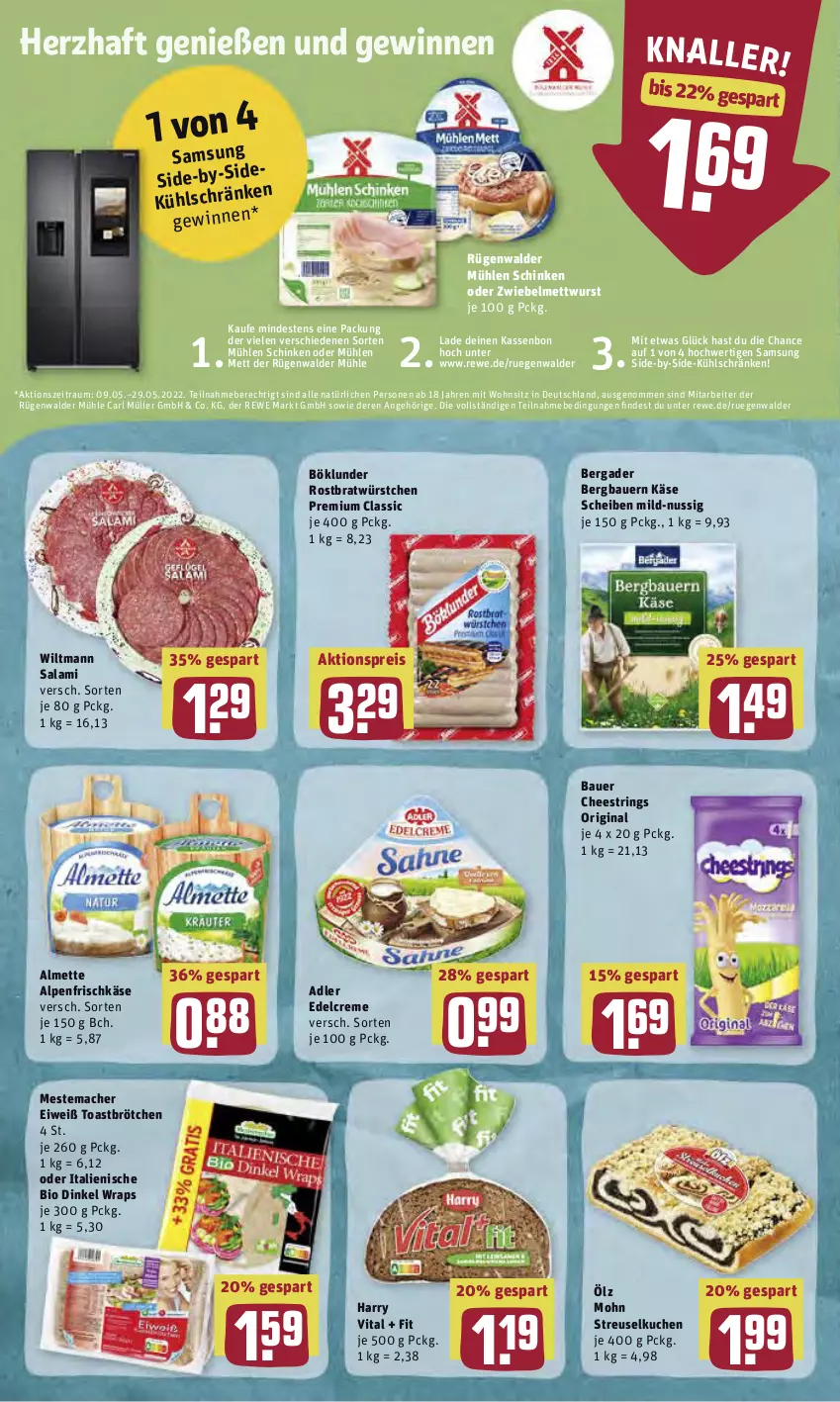 Aktueller Prospekt Rewe - Diese Woche im Angebot! - von 09.05 bis 14.05.2022 - strona 8 - produkty: aktionspreis, almette, alpenfrischkäse, auer, Bau, Bauer, bergader, bio, böklunder, brötchen, creme, edelcreme, eis, frischkäse, gin, Käse, kuchen, mac, mestemacher, Mett, mettwurst, mühlen schinken, Müller, nuss, reis, ring, rügenwalder, rügenwalder mühle, salami, Samsung, schinken, Streuselkuchen, String, Ti, toast, vita, wiltmann, wrap, wraps, wurst, würstchen, zwiebel, zwiebelmettwurst