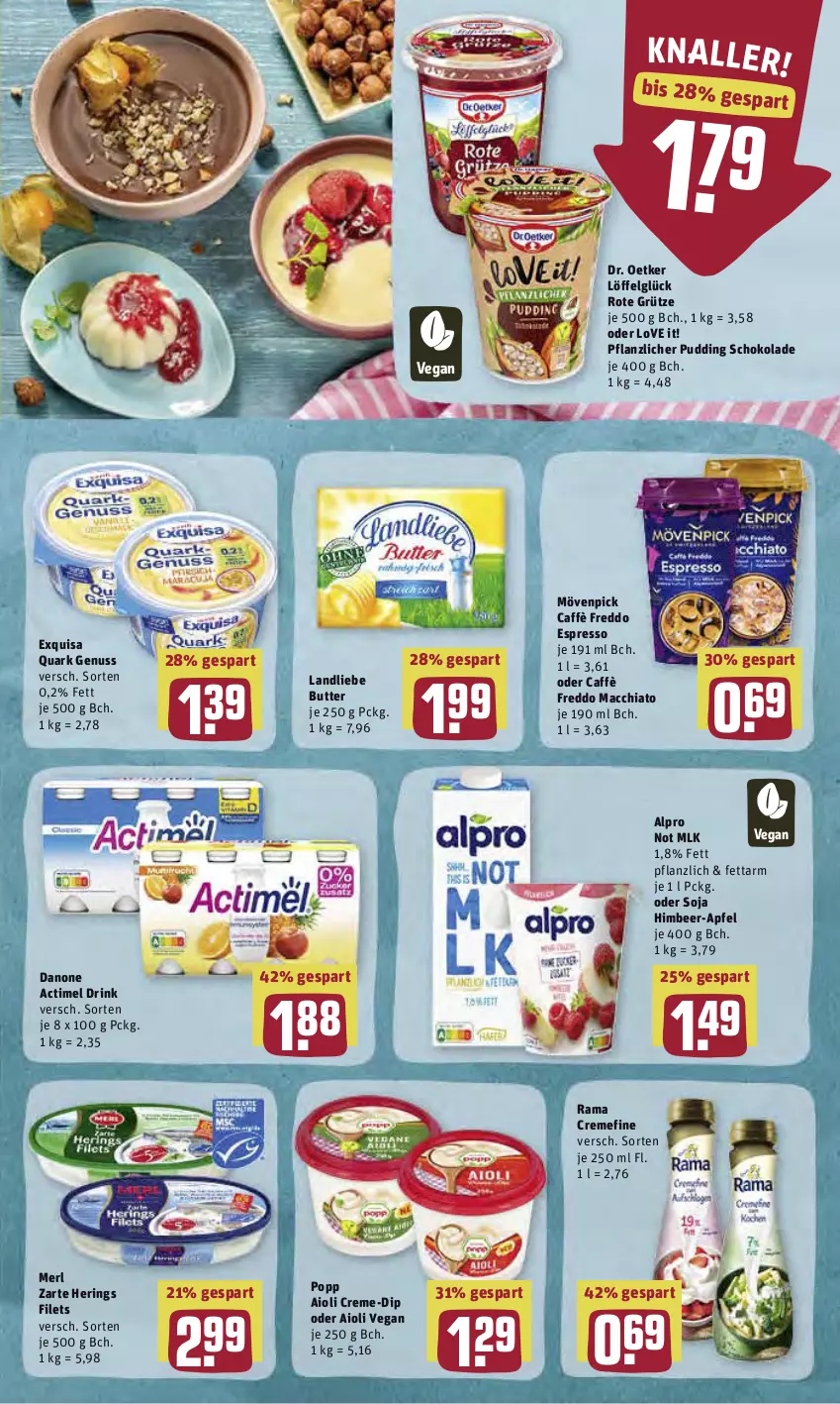 Aktueller Prospekt Rewe - Diese Woche im Angebot! - von 09.05 bis 14.05.2022 - strona 9 - produkty: ACC, actimel, actimel drink, aioli, alpro, apfel, butter, chia, creme, danone, danone actimel drink, dip, Dr. Oetker, drink, espresso, exquisa, filet, filets, freddo, grütze, hering, Herings, himbeer, landliebe, LG, Löffel, mac, macchiato, merl, mövenpick, nuss, Popp, pudding, quark, quark genus, quark genuss, rama, rama cremefine, ring, Rote Grütze, schoko, schokolade, soja, Ti