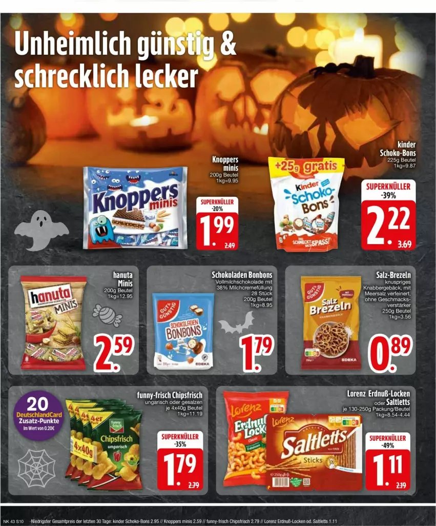 Aktueller Prospekt Edeka - Prospekte - von 21.10 bis 26.10.2024 - strona 10 - produkty: beutel, chips, chipsfrisch, creme, eis, hanuta, Kinder, knoppers, lorenz, mac, milch, reis, saltletts, schoko, schoko-bons, schokolade, vollmilch, ZTE