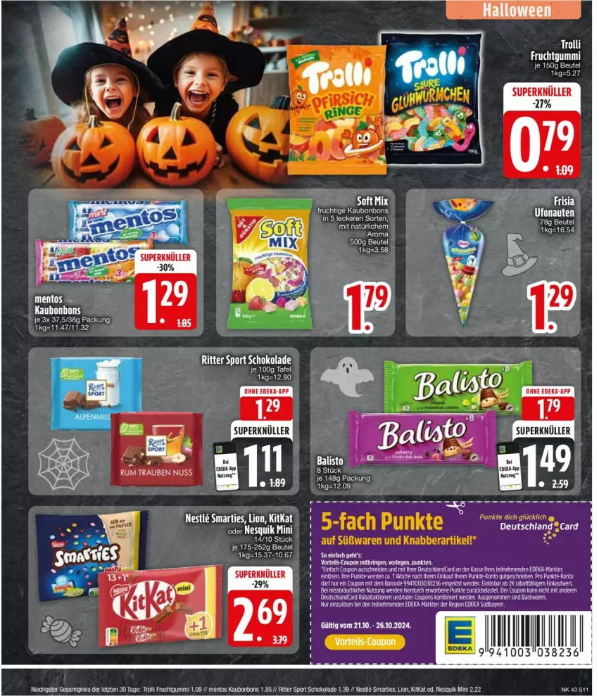 Aktueller Prospekt Edeka - Prospekte - von 21.10 bis 26.10.2024 - strona 11 - produkty: backwaren, beutel, bonbons, chia, coupon, coupons, deka, eis, erde, frucht, fruchtgummi, kitkat, lion, mentos, nesquik, nuss, reis, ritter, ritter sport, rum, schoko, schokolade, smarties, Sport, tee, Ti, trauben, trolli, trolli fruchtgummi, ZTE