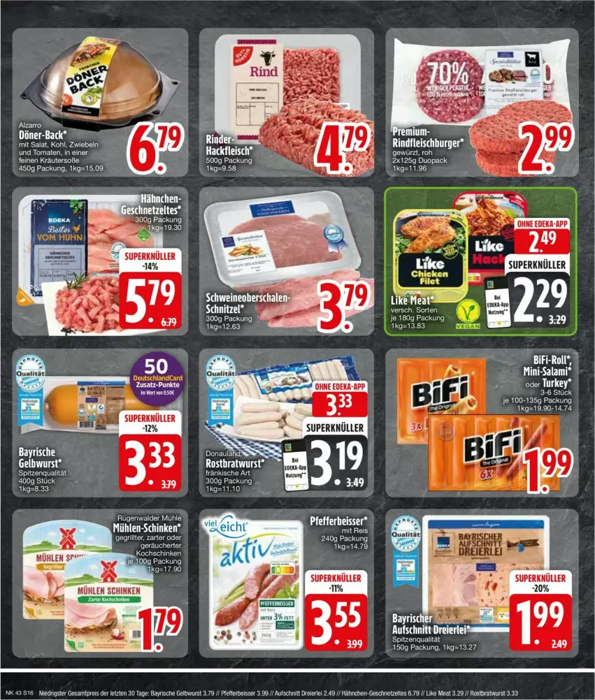 Aktueller Prospekt Edeka - Prospekte - von 21.10 bis 26.10.2024 - strona 16 - produkty: aufschnitt, bratwurst, burger, eier, eis, fleisch, geschnetzeltes, kräuter, Like Meat, Mini-Salami, pfeffer, reis, rind, rinder, rindfleisch, Rindfleischburger, rostbratwurst, salami, Soße, spitzenqualität, tee, Ti, wurst, Zelt, ZTE