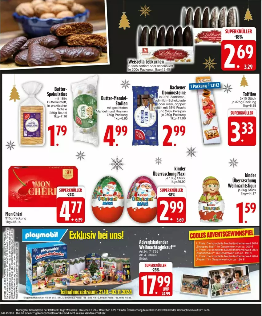 Aktueller Prospekt Edeka - Prospekte - von 21.10 bis 26.10.2024 - strona 18 - produkty: Adventskalender, beutel, butter, Dominosteine, frucht, Kinder, mandel, mandeln, playmobil, Schal, Schale, stifte, Stollen, Ti, tisch, toffifee, Weihnachtsfigur