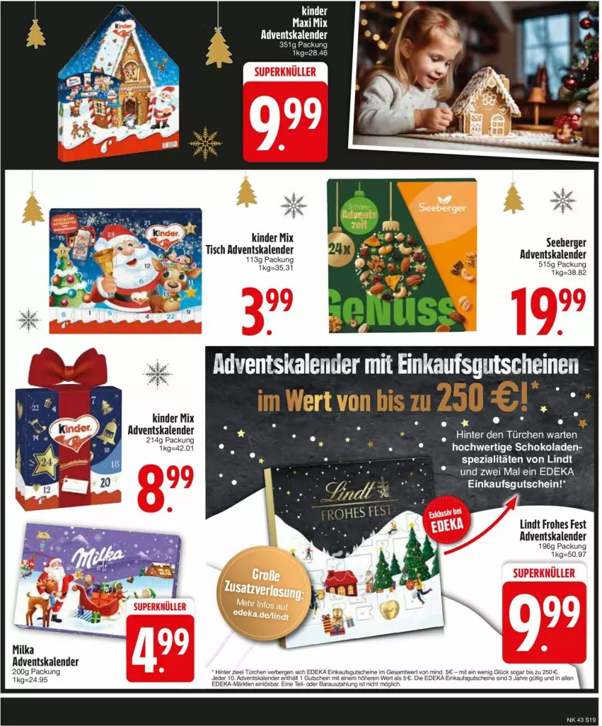 Aktueller Prospekt Edeka - Prospekte - von 21.10 bis 26.10.2024 - strona 19 - produkty: Adventskalender, Berger, deka, gutschein, gutscheine, Kinder, lindt, milka, Ti, tisch