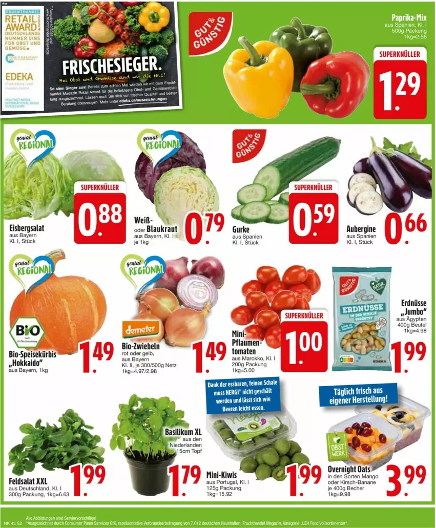 Aktueller Prospekt Edeka - Prospekte - von 21.10 bis 26.10.2024 - strona 2 - produkty: aubergine, banane, basilikum, Becher, beutel, eis, eisbergsalat, erde, erdnüsse, feldsalat, gin, gurke, jumbo, kirsch, kiwi, Kraut, mango, salat, Schal, Schale, topf