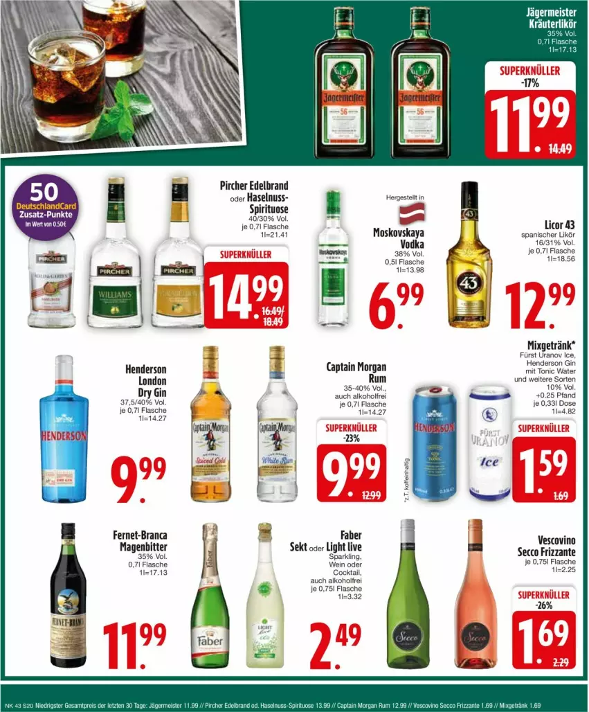 Aktueller Prospekt Edeka - Prospekte - von 21.10 bis 26.10.2024 - strona 20 - produkty: alkohol, Cap, captain morgan, cocktail, dry gin, ecco, enders, Fernet, flasche, frizzante, getränk, gin, haselnuss, licor, licor 43, likör, Mixgetränk, moskovskaya, nuss, pircher, sekt, Ti, tonic, tonic water, vescovino, vodka, wein