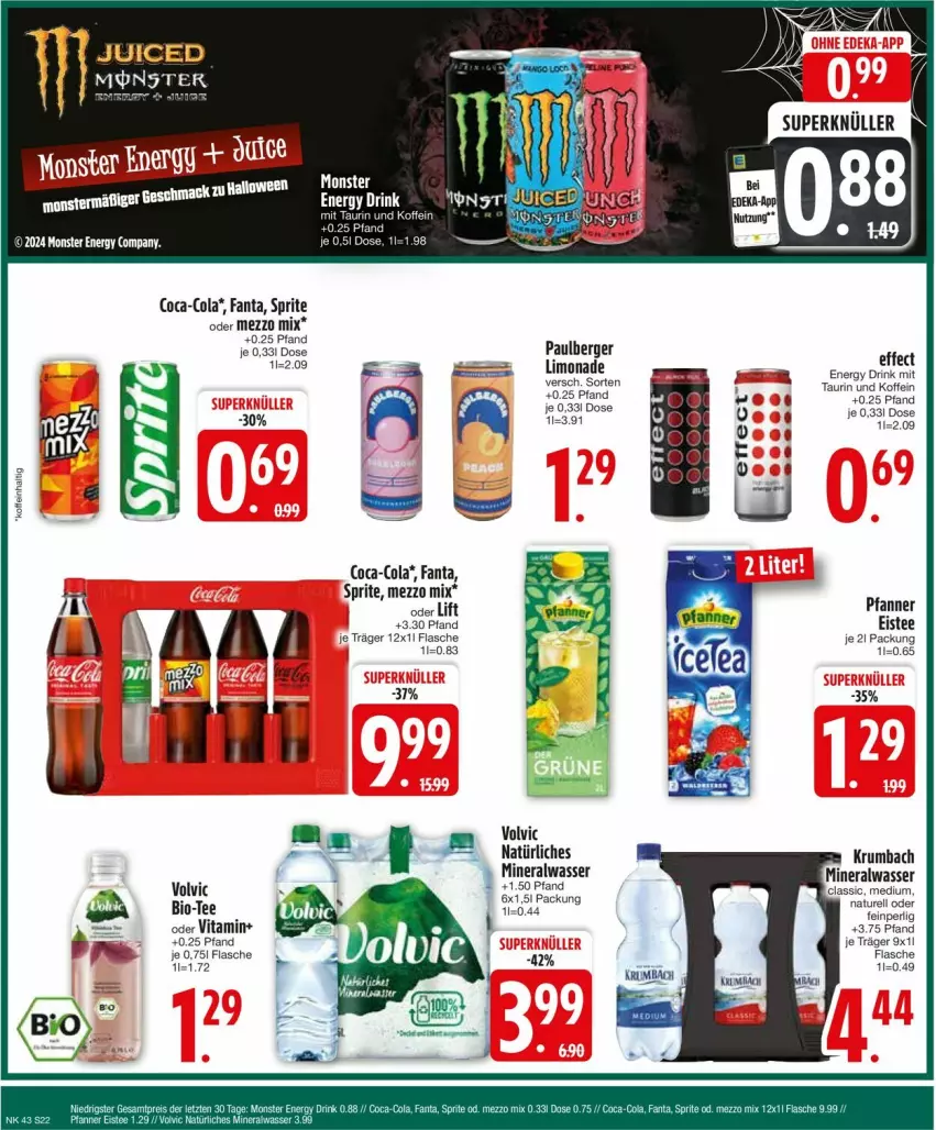 Aktueller Prospekt Edeka - Prospekte - von 21.10 bis 26.10.2024 - strona 22 - produkty: Alwa, Berger, bio, coca-cola, cola, deka, drink, Effect, eis, eistee, elle, energy drink, fanta, flasche, krumbach, limo, limonade, Mezzo Mix, mineralwasser, natur, pfanne, Pfanner, rel, rum, sprite, tee, Ti, vita, volvic, volvic natürliches, wasser