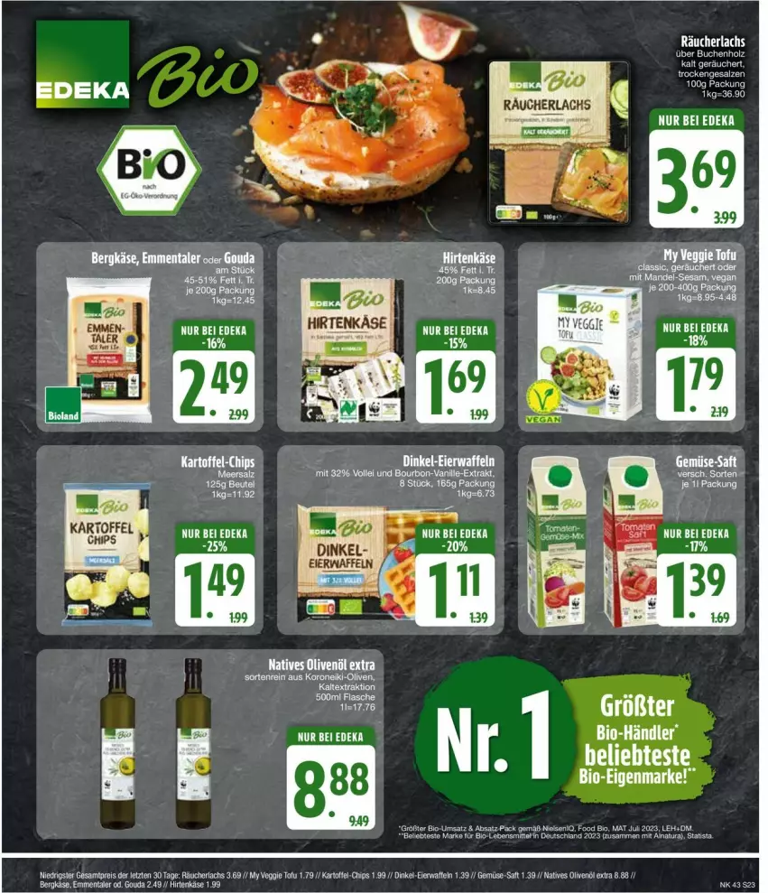 Aktueller Prospekt Edeka - Prospekte - von 21.10 bis 26.10.2024 - strona 23 - produkty: Bergkäse, buch, chips, deka, eier, eis, elle, emmentaler, flasche, gouda, hirtenkäse, Holz, kartoffel, Käse, lachs, natives olivenöl, olive, oliven, olivenöl, olivenöl extra, Räucherlachs, reis, saft, salz, tee, Ti, Tofu, veggie, waffeln, ZTE