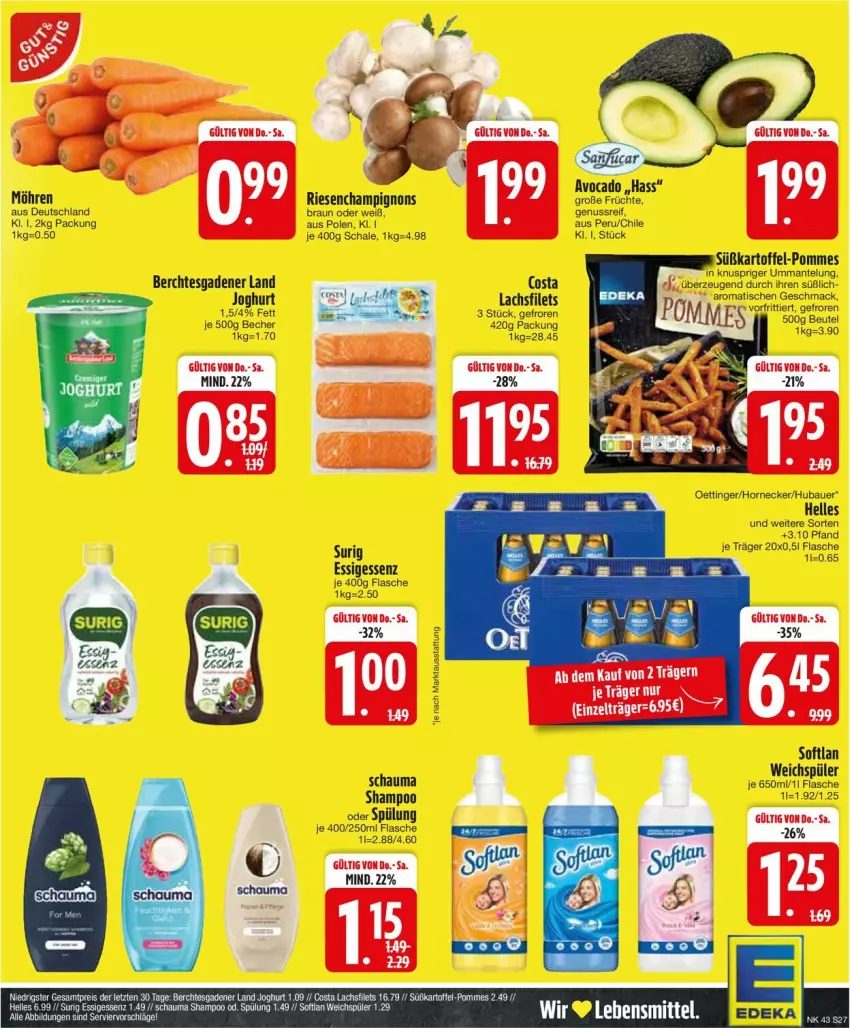 Aktueller Prospekt Edeka - Prospekte - von 21.10 bis 26.10.2024 - strona 27 - produkty: auer, avocado, Bau, Bauer, Becher, braun, champignon, champignons, elle, essig, filet, filets, flasche, früchte, joghur, joghurt, kartoffel, lachs, lachsfilet, lachsfilets, lebensmittel, mac, Mantel, möhren, nuss, oettinger, pommes, schauma, shampoo, Softlan, spülung, süßkartoffel-, Süßkartoffel-Pommes, tee, Ti, weichspüler