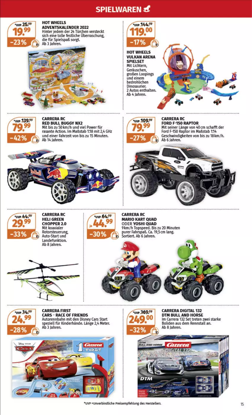 Aktueller Prospekt Mueller - Spielware & Multi-Media - von 13.11 bis 19.11.2022 - strona 15 - produkty: Adventskalender, auto, Buggy, Carrera, Cars, disney, eis, elle, Hot Wheels, Kinder, quad, red bull, reis, SANTE, spee, teller, Ti, Yo