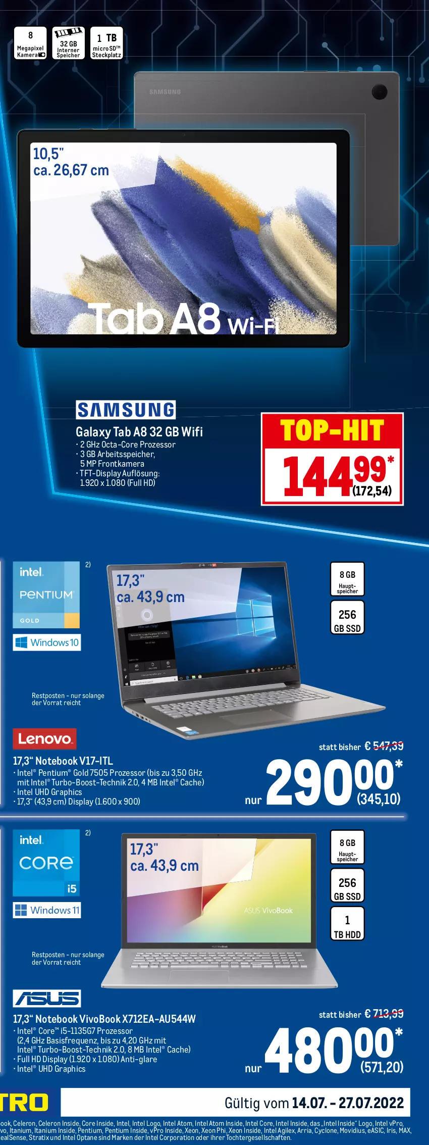 Aktueller Prospekt Metro - Technik Spezial - von 14.07 bis 27.07.2022 - strona 23 - produkty: acer, aust, brut, celeron, deo, eis, elle, fritz, frontkamera, HD Graphics, Intel, kamera, Laptop, monitor, notebook, octa-core prozessor, Pentium, radeon, Rauch, reis, Ria, ring, spiegel, ssd, telefon, teller, Ti, top-hit, uhd, usb, usb stick, VivoBook