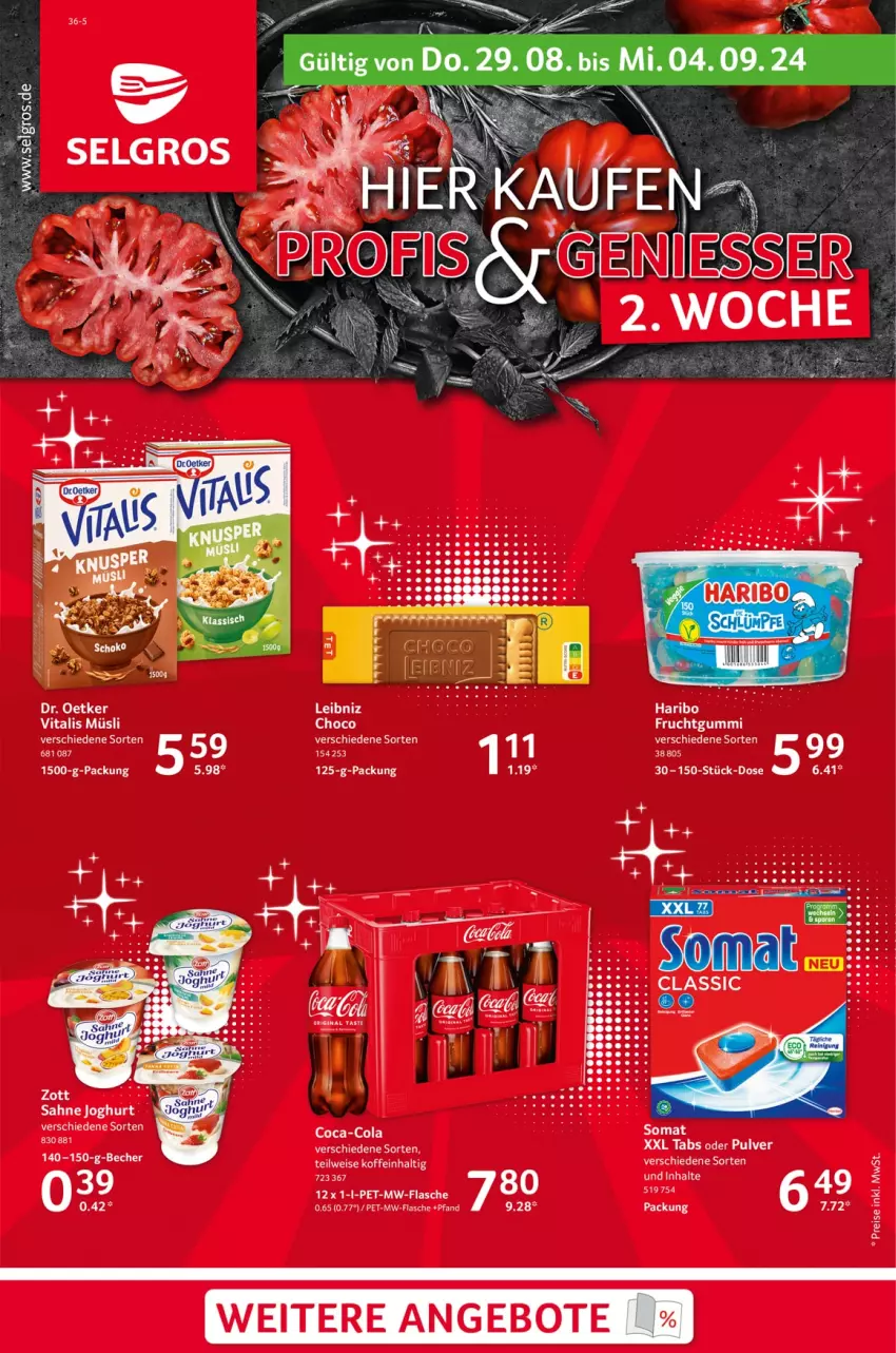 Aktueller Prospekt Selgros - Food - von 29.08 bis 04.09.2024 - strona 1 - produkty: angebot, angebote, asti, Becher, coca-cola, cola, Dr. Oetker, eis, flasche, gin, haribo, joghur, joghurt, leibniz, mint, müsli, mw-flasche, reis, sahne, sahne joghurt, somat, Ti, vita, vitalis, vitalis müsli, Yo