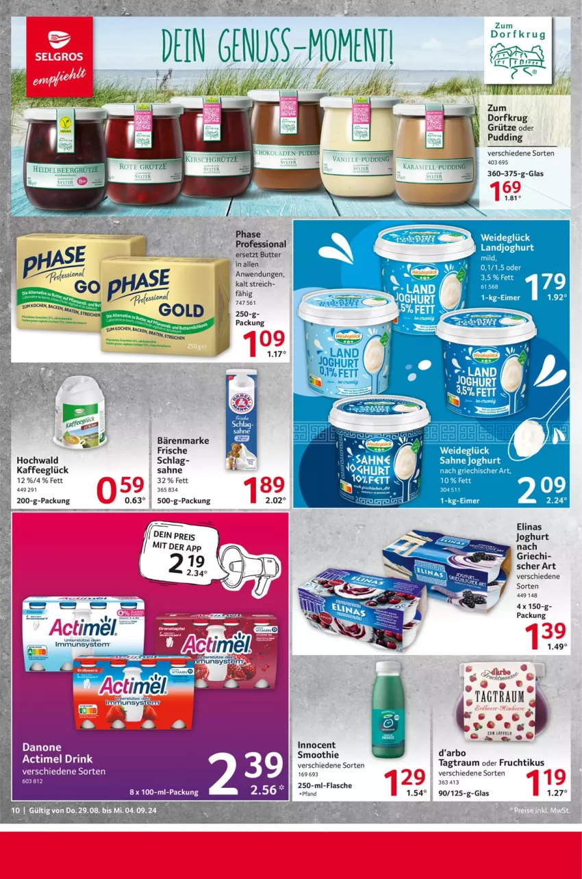 Aktueller Prospekt Selgros - Food - von 29.08 bis 04.09.2024 - strona 10 - produkty: actimel, actimel drink, bärenmarke, butter, danone, drink, eimer, elinas, elinas joghurt, flasche, frucht, grütze, hochwald, joghur, joghurt, joghurt nach, kaffee, karamell, landjoghurt, mars, pudding, sahne, sahne joghurt, smoothie, Ti, vanille