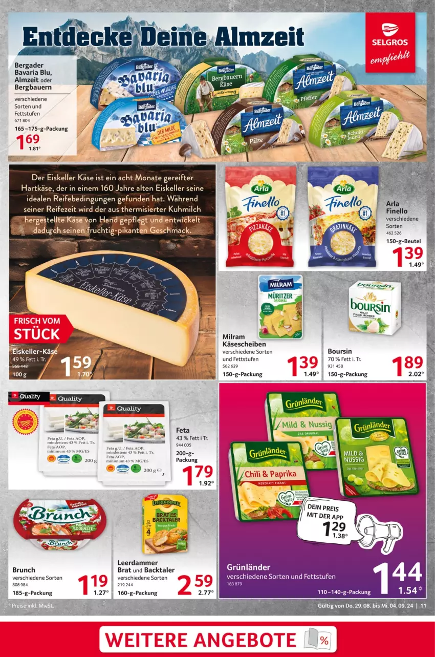 Aktueller Prospekt Selgros - Food - von 29.08 bis 04.09.2024 - strona 11 - produkty: arla, auer, Bau, Bauer, bavaria blu, bergader, bett, beutel, Boursin, decke, eis, elle, feta, finello, gefu, grünländer, hartkäse, Käse, käsescheiben, leerdammer, mac, milch, milram, Ria, Ti