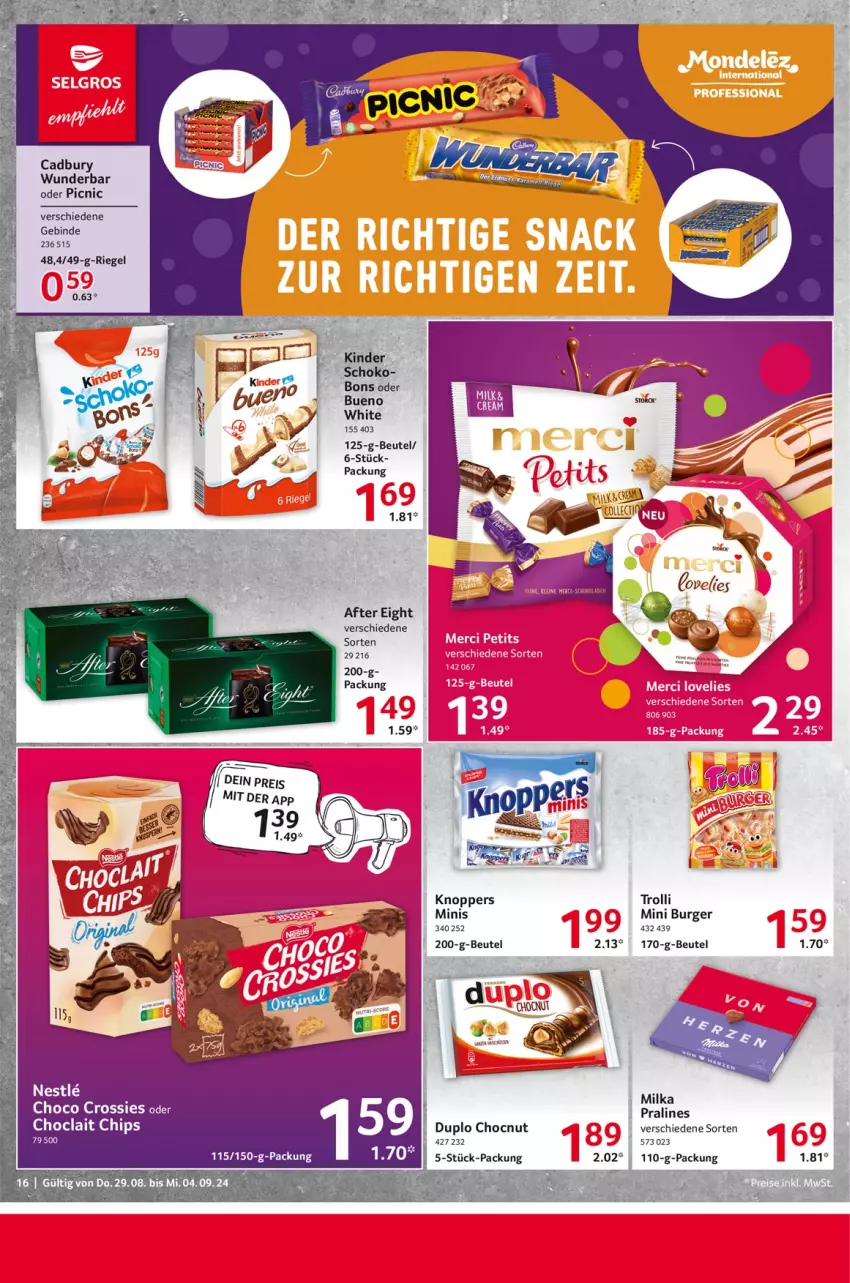 Aktueller Prospekt Selgros - Food - von 29.08 bis 04.09.2024 - strona 16 - produkty: after eight, beutel, burger, chips, choclait chips, duplo, knoppers, riegel, trolli