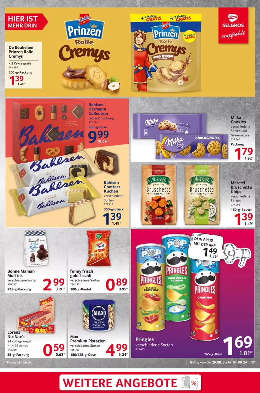 Aktueller Prospekt Selgros - Food - von 29.08 bis 04.09.2024 - strona 17 - produkty: bahlsen, beutel, bonne maman, Bruschette, chips, comtess, cremys, de beukelaer, fisch, Funny Frisch, gebäckmischung, keks, kekse, kuchen, lorenz, mam, Muffin, muffins, pistazien, pringles, prinzen rolle, riegel, ring, Ti