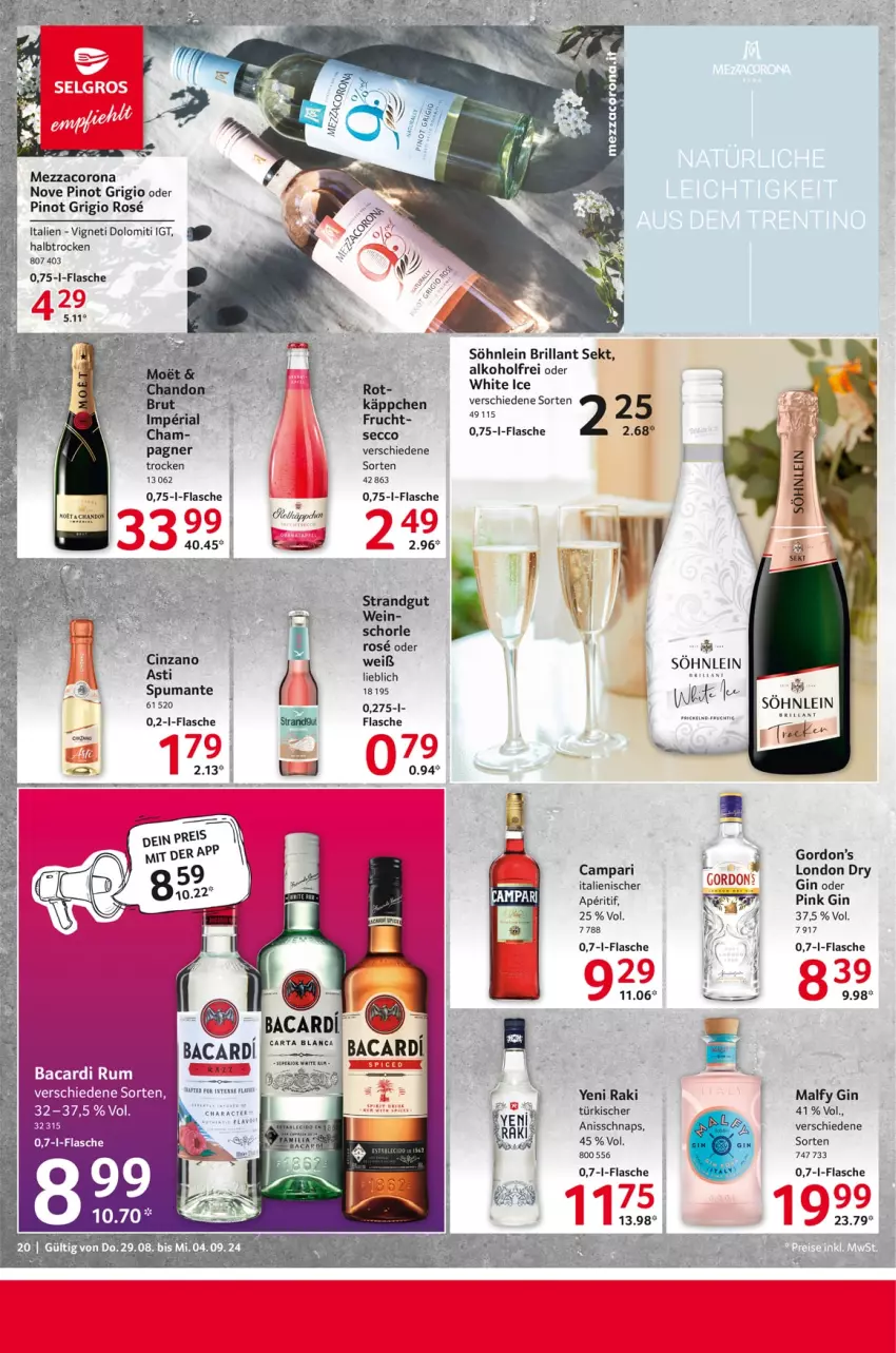 Aktueller Prospekt Selgros - Food - von 29.08 bis 04.09.2024 - strona 20 - produkty: alkohol, aperitif, bacardi, bacardi rum, brillant sekt, campari, cin, cinzano, corona, ecco, ente, flasche, frucht, gin, gordon, Gordon’s, london dry, mezzacorona, Pinot, pinot grigio, puma, rum, schorle, sekt, söhnlein, söhnlein brillant, Ti, wein, yeni raki