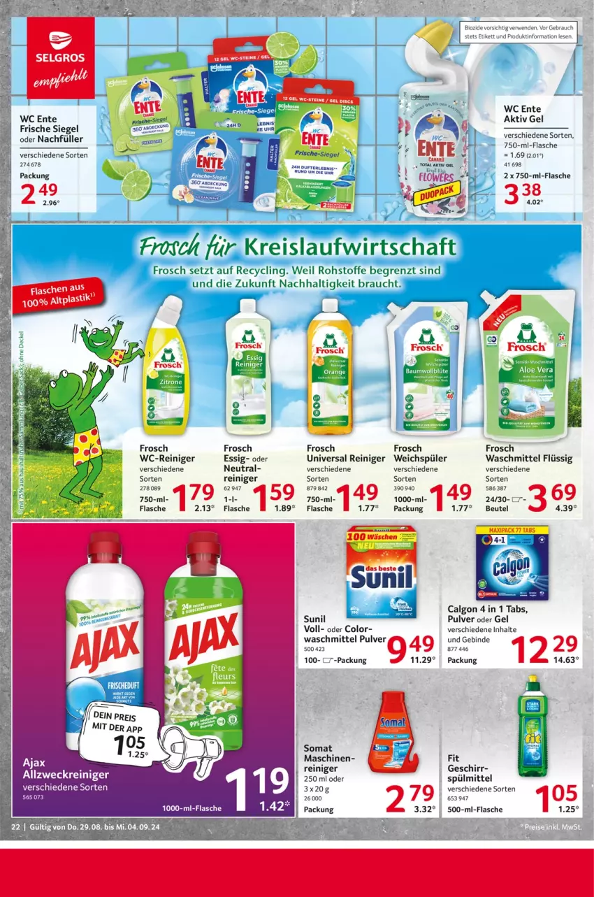 Aktueller Prospekt Selgros - Food - von 29.08 bis 04.09.2024 - strona 22 - produkty: ajax, aktiv gel, allzweckreiniger, beutel, bio, calgon, Clin, eis, ente, essig, flasche, Frosch, geschirr, LG, Rauch, reiniger, reis, rwe, somat, spülmittel, sunil, Ti, uhr, waschmittel, wc ente, wc-reiniger, weck, weichspüler