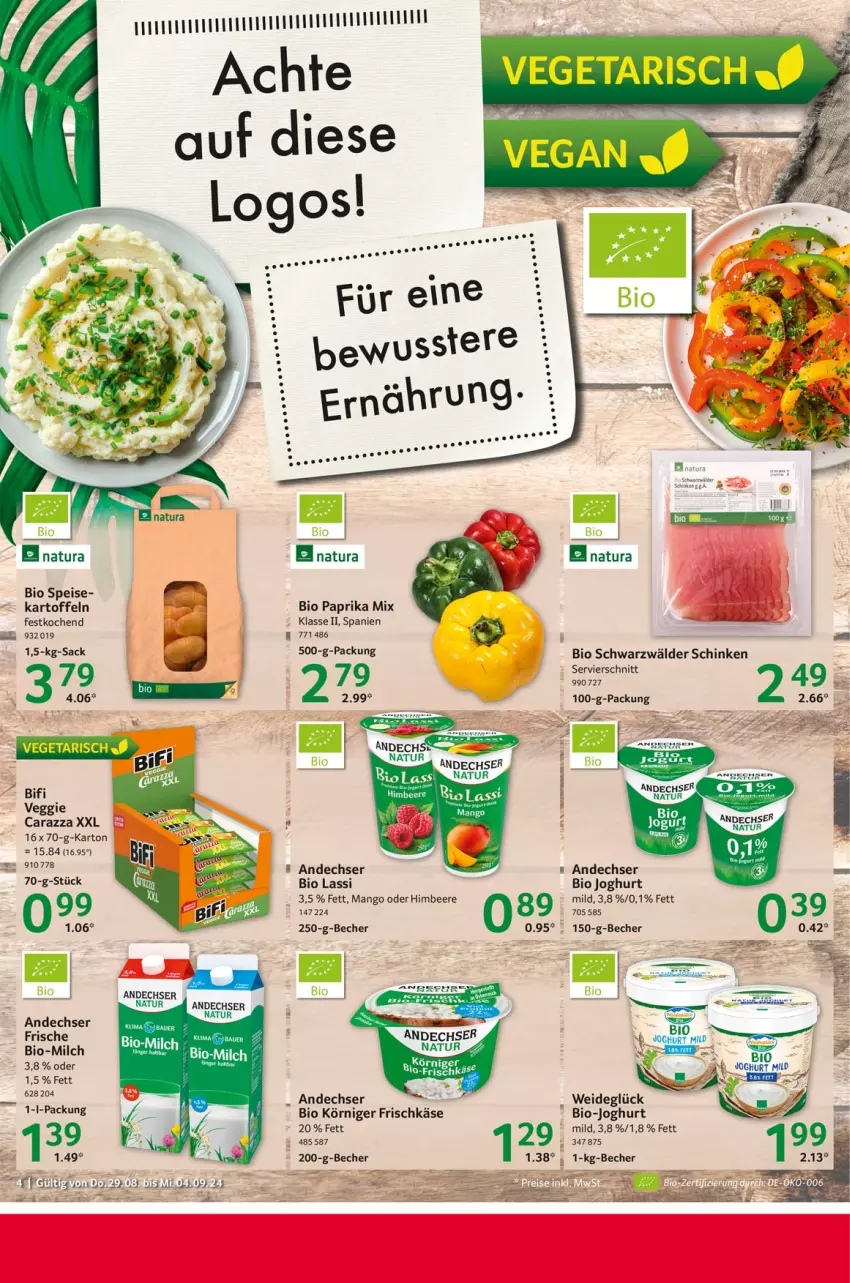 Aktueller Prospekt Selgros - Food - von 29.08 bis 04.09.2024 - strona 4 - produkty: Becher, beere, bifi, bio, bio-joghurt, eis, frischkäse, himbeer, himbeere, joghur, joghurt, kartoffel, kartoffeln, Käse, Körniger Frischkäse, mango, milch, natur, natura, paprika, paprika mix, schinken, schwarzwälder schinken, Ti, veggie