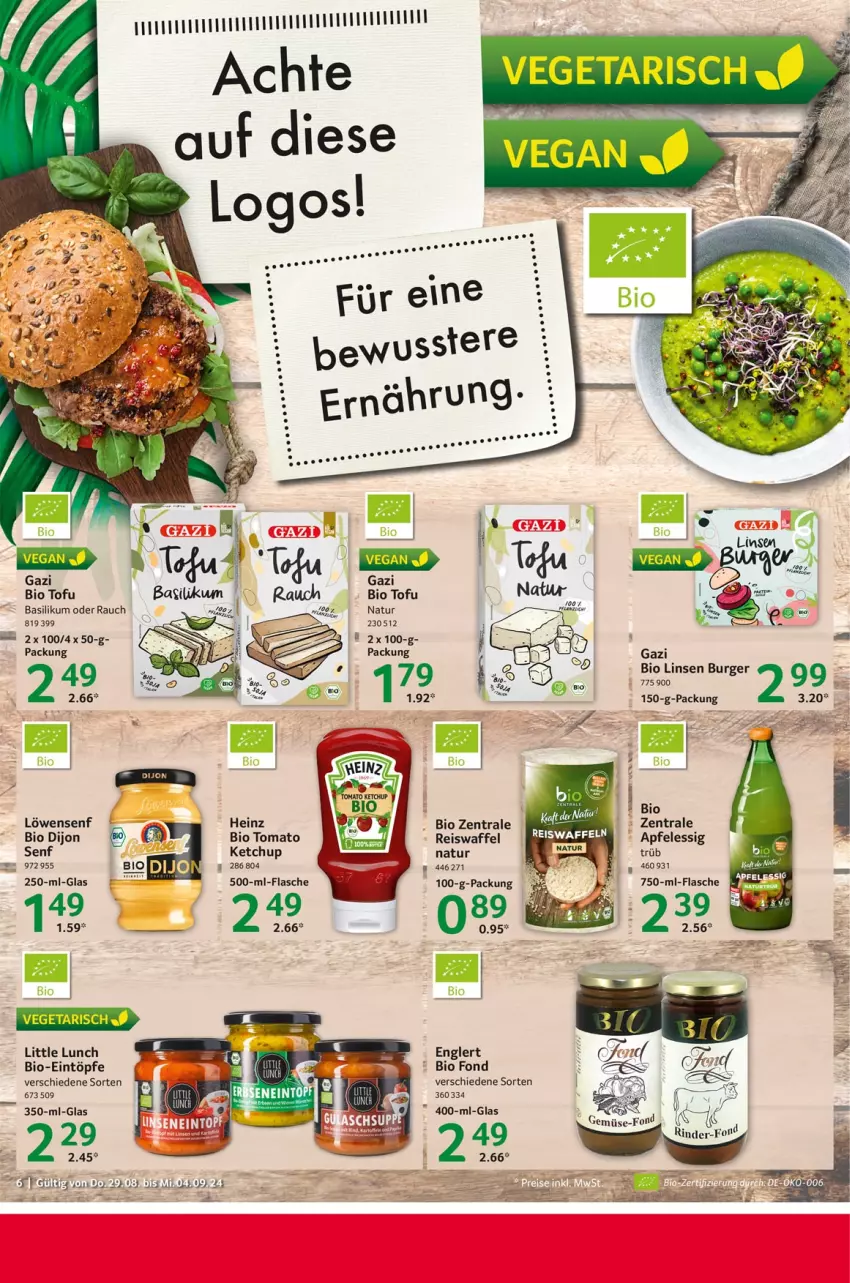 Aktueller Prospekt Selgros - Food - von 29.08 bis 04.09.2024 - strona 6 - produkty: apfel, apfelessig, basilikum, bio, burger, eintöpfe, eis, essig, heinz, ketchup, linsen, löwensenf, natur, Rauch, reis, senf, Tofu, tomato ketchup