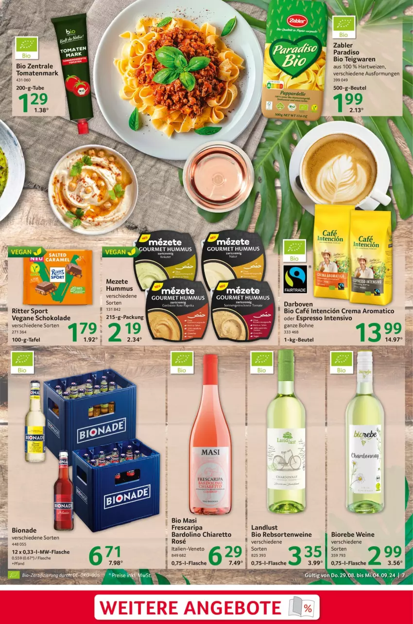 Aktueller Prospekt Selgros - Food - von 29.08 bis 04.09.2024 - strona 7 - produkty: beutel, bio, bionade, bohne, chardonnay, chia, darbo, darboven, espresso, flasche, hartweizen, hummus, kräuter, oder espresso, rebsortenweine, ritter, ritter sport, schoko, schokolade, Sport, teigwaren, Ti, tomate, tomaten, tomatenmark, wein, weine, Zabler