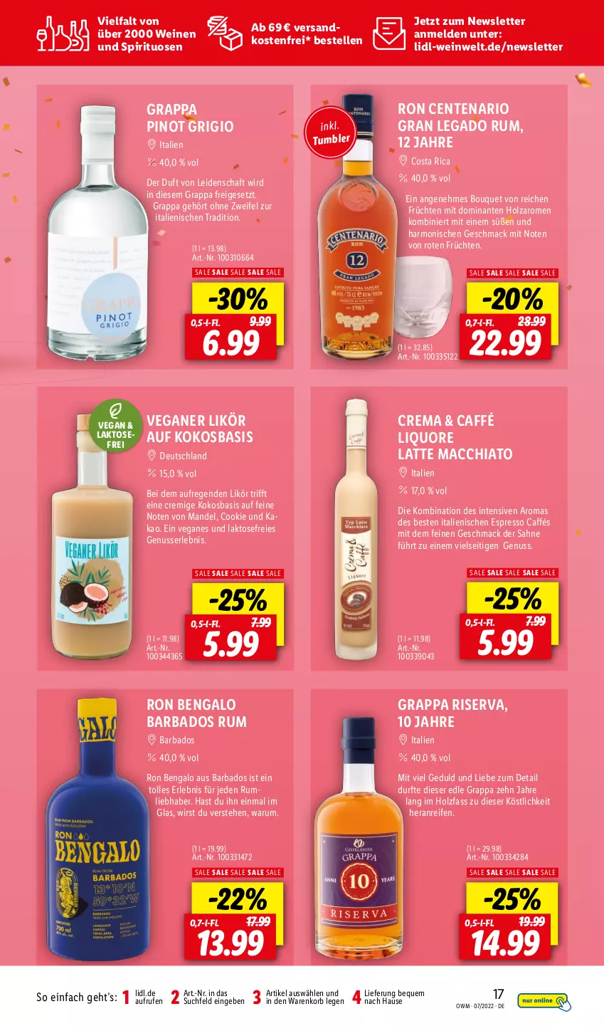 Aktueller Prospekt Lidl - Beste Weine für jeden Anlass - von 01.07 bis 31.07.2022 - strona 17 - produkty: ACC, Bad, chia, cookie, elle, ente, espresso, früchte, früchten, grappa, Holz, kakao, kokos, korb, latte, latte macchiato, likör, mac, macchiato, mandel, ndk, nuss, Pinot, pinot grigio, reifen, riserva, rum, sahne, spirituosen, Ti, versandkostenfrei, wein, weine