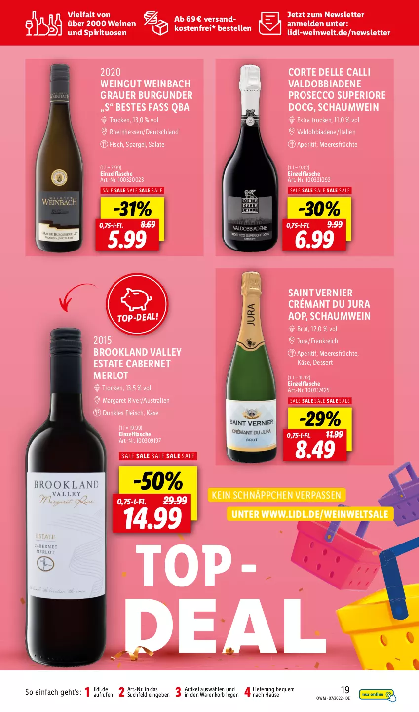 Aktueller Prospekt Lidl - Beste Weine für jeden Anlass - von 01.07 bis 31.07.2022 - strona 19 - produkty: aperitif, auer, aust, brut, burgunder, cabernet, dell, dessert, ecco, eis, elle, fisch, flasche, fleisch, früchte, grauer burgunder, Jura, Käse, korb, meeresfrüchte, merl, merlot, ndk, prosecco, salat, salate, schnäppchen, spargel, spirituosen, Ti, valdo, versandkostenfrei, wein, weine