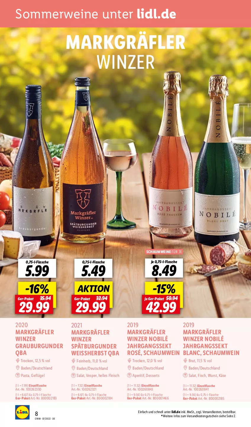 Aktueller Prospekt Lidl - Beste Weine für jeden Anlass - von 01.07 bis 31.07.2022 - strona 8 - produkty: aperitif, Bad, brut, burgunder, dessert, desserts, eis, elle, fisch, flasche, fleisch, Geflügel, grauburgunder, gutschein, jahrgangssekt, Käse, ndk, pasta, rwe, salat, sekt, spätburgunder, Ti, wein, weine, wurst