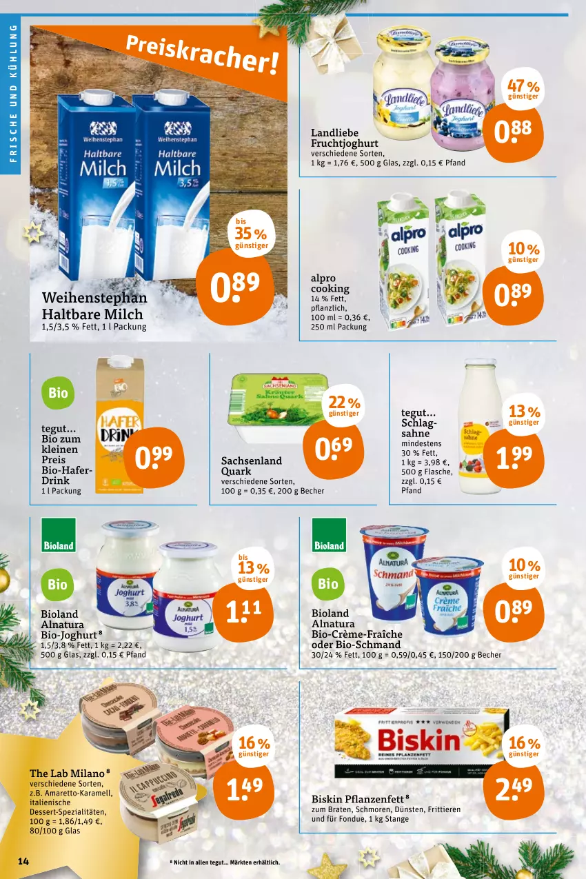 Aktueller Prospekt Tegut - Angebote der Woche - von 20.12 bis 24.12.2021 - strona 16 - produkty: alpro, Amaretto, Becher, bio, bio-joghurt, bioland, braten, dessert, drink, eis, flasche, Fondue, frucht, fruchtjoghurt, hafer, Haferdrink, haltbare milch, joghur, joghurt, karamell, landliebe, leine, milch, natur, natura, pflanze, pflanzen, Pflanzenfett, quark, reis, sac, sahne, schlagsahne, schmand, Spezi, Ti, Tiere, weihenstephan