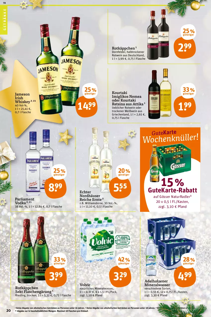 Aktueller Prospekt Tegut - Angebote der Woche - von 20.12 bis 24.12.2021 - strona 22 - produkty: adelholzener, alkohol, Alwa, dornfelder, flasche, getränk, getränke, gösser, Holz, irish whiskey, jameson, mineralwasser, natur, natürliches mineralwasser, radler, Retsina, riesling, rotkäppchen, rotwein, sekt, Ti, vodka, volvic, volvic natürliches, wasser, wein, Weißwein, whiskey