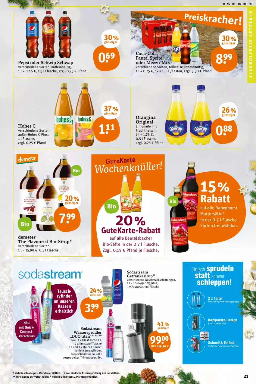 Aktueller Prospekt Tegut - Angebote der Woche - von 20.12 bis 24.12.2021 - strona 23 - produkty: alkohol, alkoholfreie getränke, beutel, bio, coca-cola, cola, eis, elle, fanta, flasche, fleisch, frucht, fruchtfleisch, getränk, getränke, getränkesirup, gin, glasflasche, Hohes C, küche, limo, limonade, mac, mit frucht, orangina, pepsi, reis, säfte, Schwip Schwap, sirup, Soda, sodastream, sprite, Sprudel, spülmaschinen, teller, Ti, wasser, wassersprudler