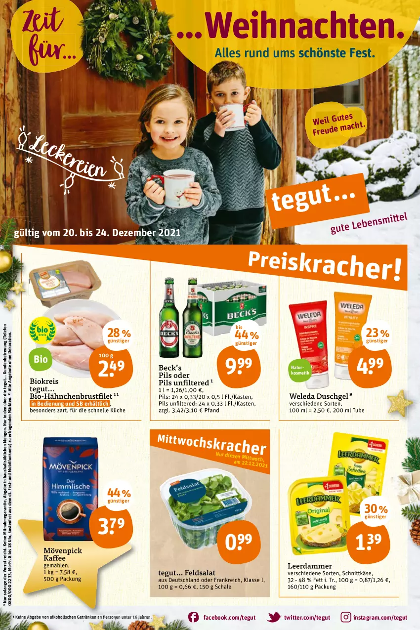 Aktueller Prospekt Tegut - Angebote der Woche - von 20.12 bis 24.12.2021 - strona 3 - produkty: alkohol, angebot, angebote, bio, brustfilet, dekoration, duschgel, eis, elle, feldsalat, filet, getränk, getränke, hähnchenbrust, hähnchenbrustfilet, kaffee, Käse, kosmetik, küche, leerdammer, mövenpick, mövenpick kaffee, natur, naturkosmetik, pils, reis, salat, Schal, Schale, schnittkäse, telefon, Ti, uhr, weihnachten, weleda