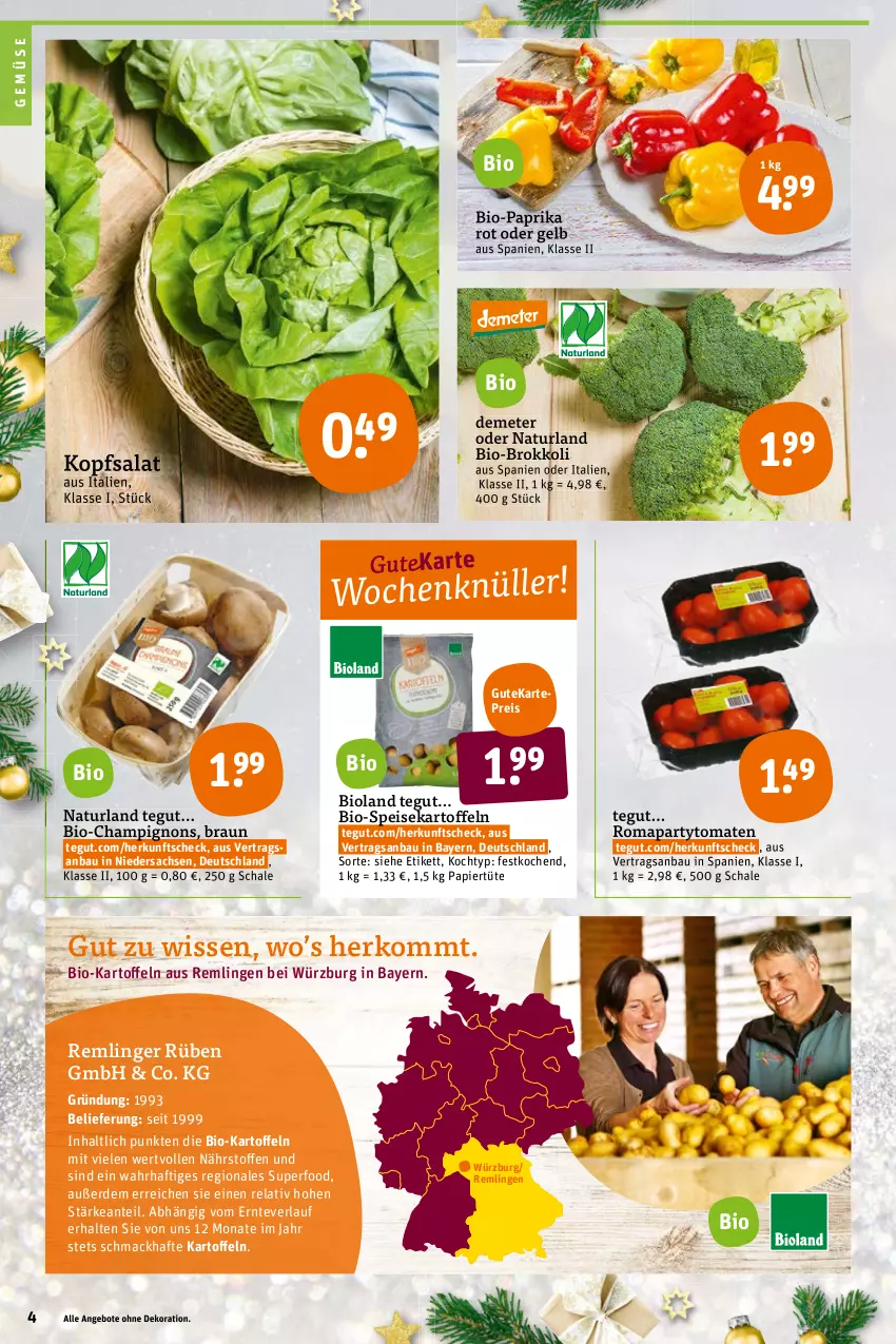 Aktueller Prospekt Tegut - Angebote der Woche - von 20.12 bis 24.12.2021 - strona 6 - produkty: angebot, angebote, Bau, bio, Bio-Paprika, bioland, braun, brokkoli, champignon, champignons, dekoration, eis, erde, kartoffel, kartoffeln, kopfsalat, mac, natur, naturland, papier, Papiertüte, paprika, paprika rot, reis, rel, sac, salat, Schal, Schale, speisekartoffeln, Ti, tomate, tomaten, Tüte