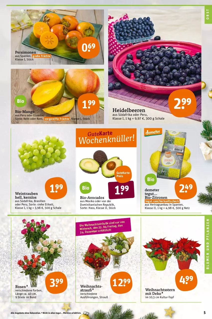 Aktueller Prospekt Tegut - Angebote der Woche - von 20.12 bis 24.12.2021 - strona 7 - produkty: angebot, angebote, avocado, avocados, Bau, beere, beeren, bio, bio-zitronen, blume, blumen, Blumen und Pflanzen, dekoration, eis, früchte, heidelbeere, heidelbeeren, mango, obst, pflanze, pflanzen, reis, rosen, Schal, Schale, sim, Ti, topf, trauben, Weihnachtsstern, wein, zitrone, zitronen