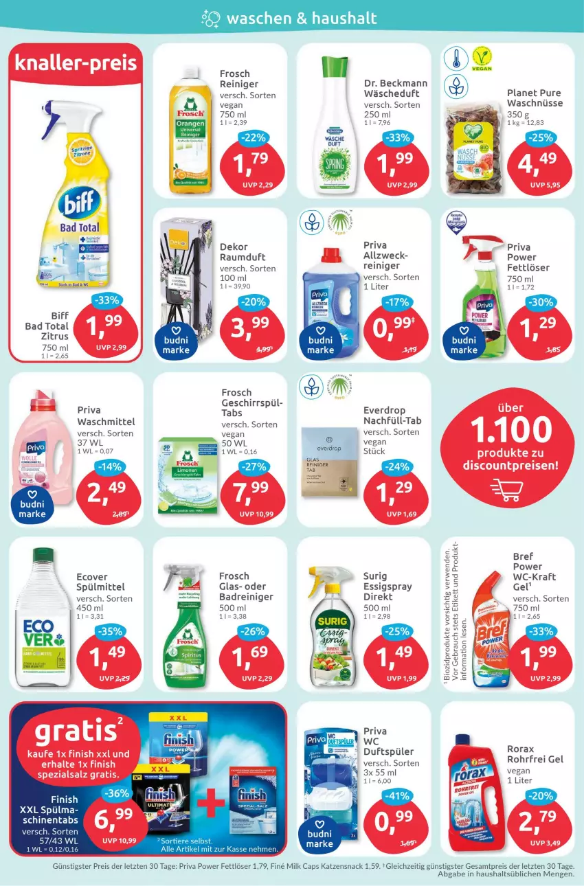 Aktueller Prospekt Budni - Prospekte - von 13.02 bis 18.02.2023 - strona 4 - produkty: Bad, bio, biozidprodukte, Bref, bref power, Cap, discount, Dr. Beckmann, eis, essig, Fettlöser, Finish, Frosch, katzensnack, kraft, Rauch, Raumduft, reiniger, reis, rezept, rorax, rwe, salz, snack, Spezi, spülmittel, tee, Ti, Tiere, waschmittel, weck, Yo, ZTE