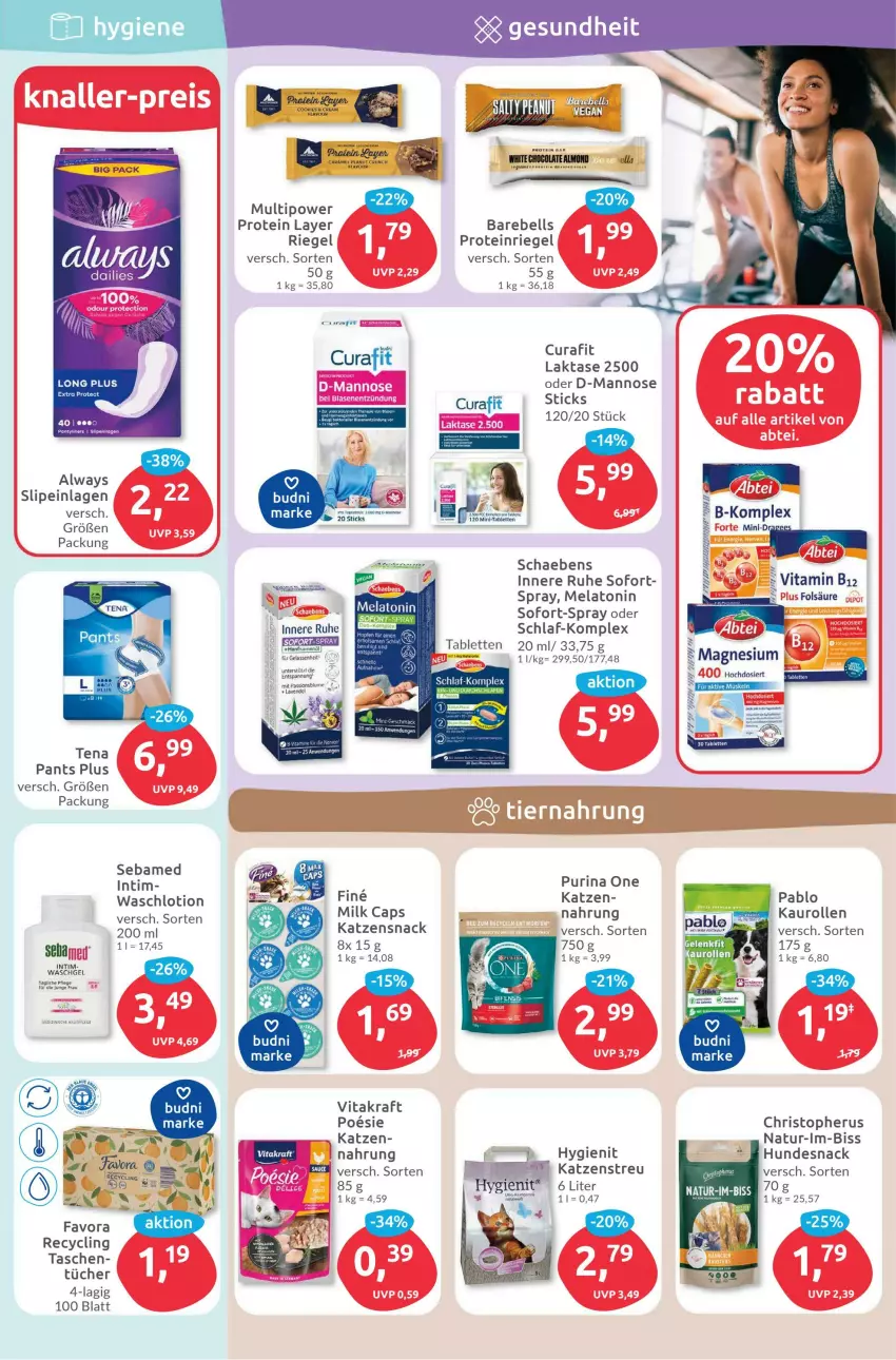 Aktueller Prospekt Budni - Prospekte - von 13.02 bis 18.02.2023 - strona 5 - produkty: Alwa, Always, blume, Cap, Clin, hundesnack, katzensnack, Katzenstreu, kraft, lavendel, Lotion, natur, Pants, panty, purina, rebell, riegel, Schaebens, sebamed, slip, slipeinlagen, snack, tablet, tablett, Tablette, Tasche, taschen, Ti, Tiere, tücher, vita, vitakraft, waschgel, Waschlotion