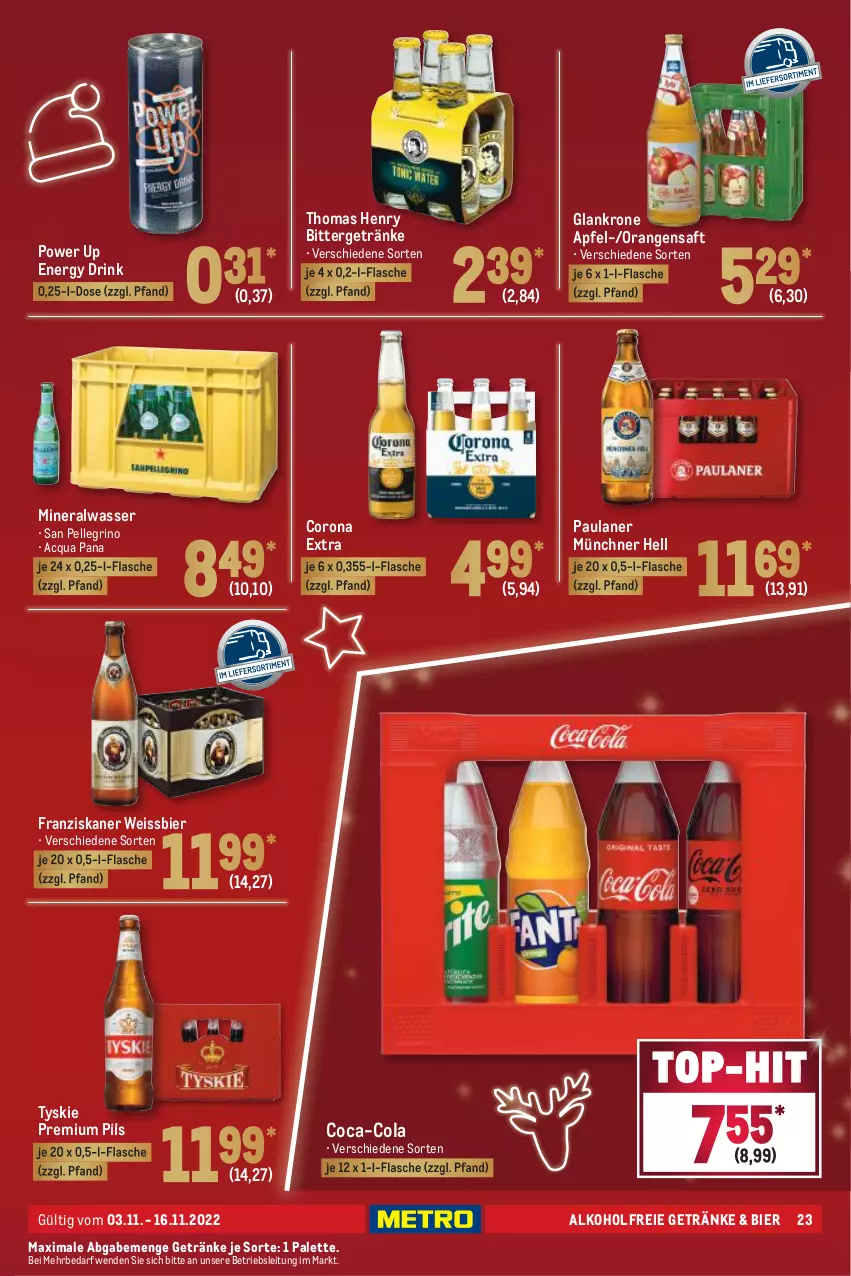 Aktueller Prospekt Metro - GastroJournal - von 03.11 bis 16.11.2022 - strona 23 - produkty: alkohol, alkoholfreie getränke, Alwa, apfel, bier, coca-cola, cola, corona, corona extra, drink, eis, elle, energy drink, flasche, franziskaner, getränk, getränke, krone, mineralwasser, orange, orangen, orangensaft, Palette, Paula, paulaner, pils, premium pils, saft, san pellegrino, thomas henry, Ti, top-hit, tyskie, wasser, weissbier