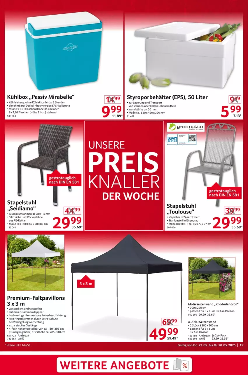 Aktueller Prospekt Selgros - Non Food - von 22.05 bis 28.05.2025 - strona 15 - produkty: akku, Behälter, decke, Deckel, eis, elle, Faltpavillon, flasche, kühlakku, kühlakkus, kühlbox, lebensmittel, LG, pavillon, riegel, rückenlehne, Sport, stapelstuhl, stuhl, Ti, wasser