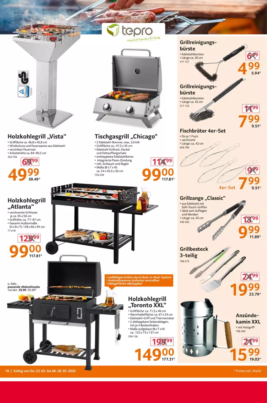 Aktueller Prospekt Selgros - Non Food - von 22.05 bis 28.05.2025 - strona 18 - produkty: abdeckhaube, Bau, besteck, bürste, decke, Deckel, edelstahl, fisch, gasgrill, grill, grillfläche, grillrost, grillzange, Holz, holzkohle, holzkohlegrill, Kamin, Kohlegrill, piezo-zündung, Reinigung, Schal, Schale, schlauch, thermometer, Ti, tisch, Wanne, Windschutz