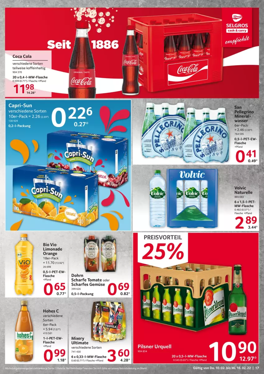 Aktueller Prospekt Selgros - Vorschau:
            Food - von 10.02 bis 16.02.2022 - strona 17 - produkty: bio, cola, eis, elle, flasche, Hohes C, limo, limonade, Mixer, mixery, mw-flasche, natur, orange, rel, Ti, tomate, wasser