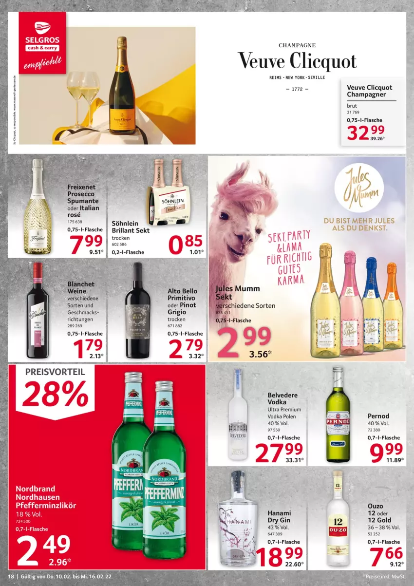 Aktueller Prospekt Selgros - Vorschau:
            Food - von 10.02 bis 16.02.2022 - strona 18 - produkty: brillant sekt, brut, champagne, champagner, cin, dry gin, eis, flasche, gin, likör, mac, nordbrand, ouzo, pfeffer, pfefferminzlikör, Pinot, preisvorteil, premium vodka, primitivo, puma, reis, sekt, söhnlein, spumante, Ti, vodka, Yo