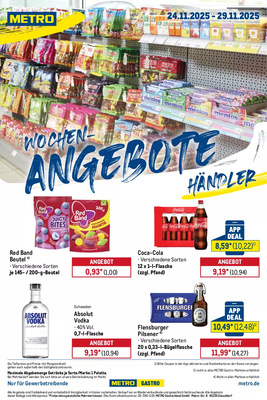 Aktueller Prospekt Metro - Wochen-Angebote Händler - von 24.11 bis 29.11.2025 - strona 1 - produkty: abholpreise, Absolut Vodka, angebot, angebote, beutel, bügel, bügelflasche, burger, coca-cola, cola, coupon, eis, flasche, flensburger, getränk, getränke, ilag, Metro, metro gastro, Palette, pils, pilsener, Rauch, reis, rwe, Ti, tiefpreis, vodka